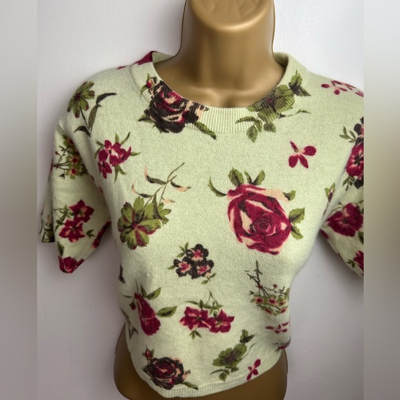 Twiggy Vintage Lambswool Rabbit Fur Green Red Rose Print Cropped Soft Sweater M - Picture 7 of 15
